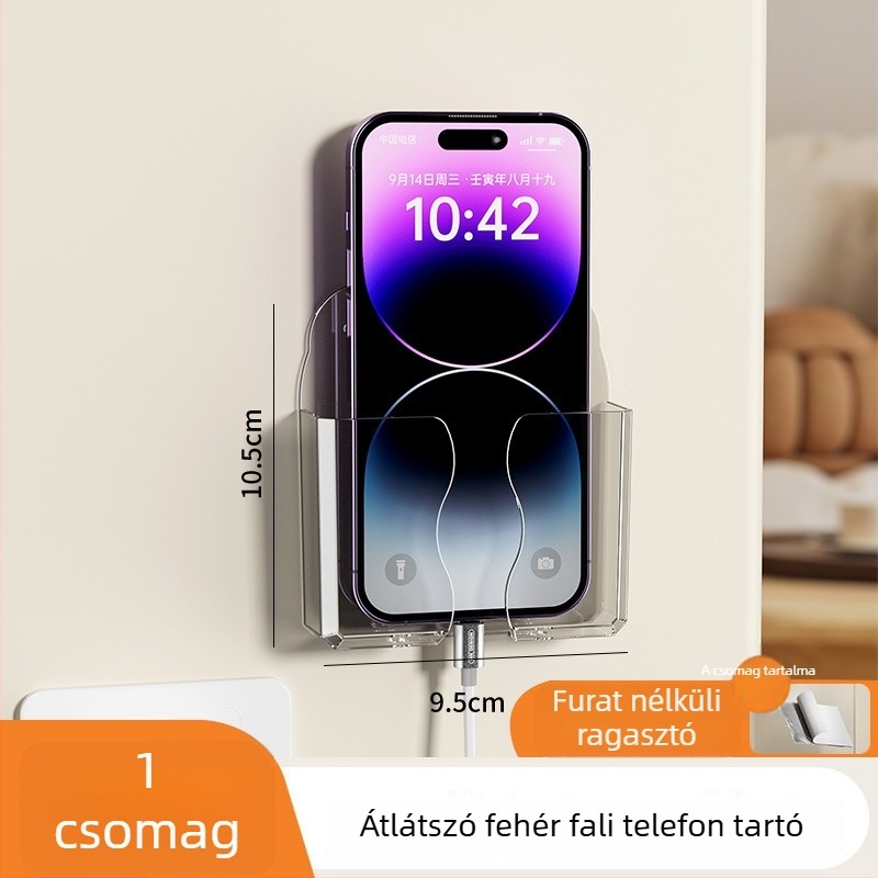 Fali telefon-tároló polc távirányító-tartóval és töltőállvánnyal, műanyag, modell 0001, telepítés nélkül