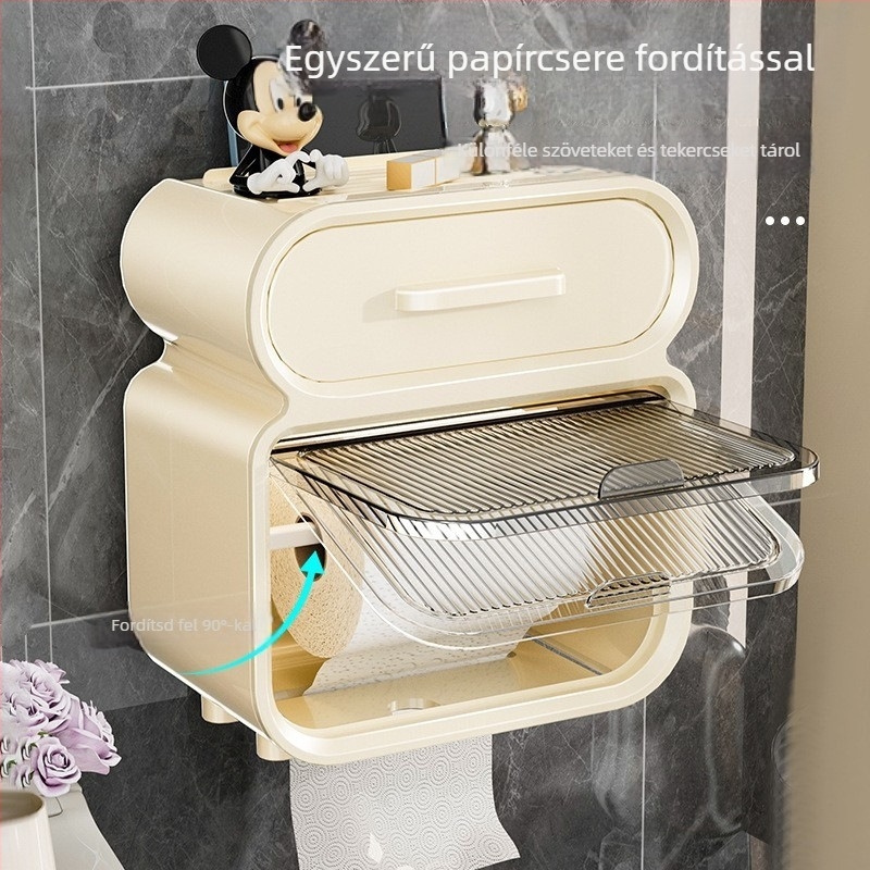 Fali WC-papír tartó, vízálló, műanyag, modell B1554, többfunkciós, fürdőszobába, nappaliba és autóba