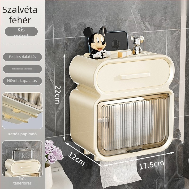 Fali WC-papír tartó, vízálló, műanyag, modell B1554, többfunkciós, fürdőszobába, nappaliba és autóba