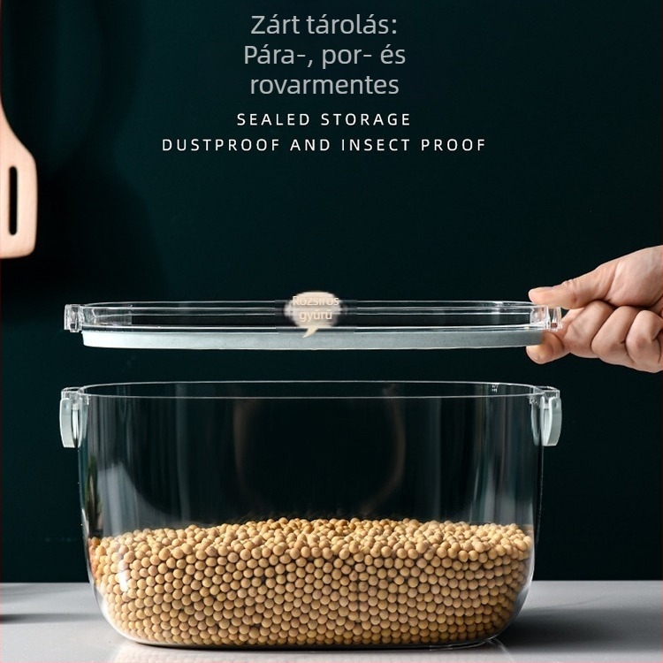 Rizstároló doboz, PS anyagú, 9-10 L kapacitás, zárható, nedvesség- és kártevő elleni védelem, modern minimalista dizájn