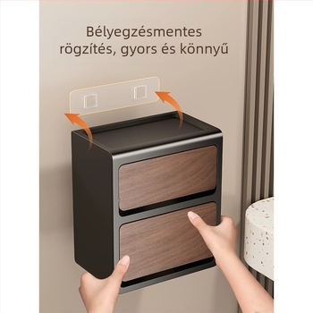 Falihoz rögzíthető dupla toalettpapír-tartó doboz fa mintázatú felülettel, karbonacél + ABS konstrukció, fúrás nélküli szerelés, vízálló és többfunkciós.