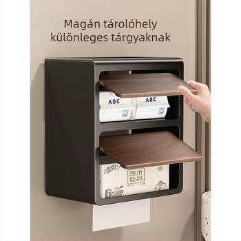 Falihoz rögzíthető dupla toalettpapír-tartó doboz fa mintázatú felülettel, karbonacél + ABS konstrukció, fúrás nélküli szerelés, vízálló és többfunkciós.