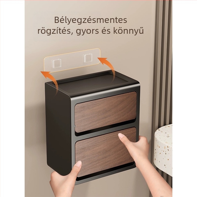 Falihoz rögzíthető dupla toalettpapír-tartó doboz fa mintázatú felülettel, karbonacél + ABS konstrukció, fúrás nélküli szerelés, vízálló és többfunkciós.