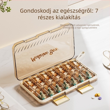 Ofl8820 hordozható gyógyszeres doboz, PP+ABS műanyag, zárt fedél rekeszzekkel, felosztott kialakítás, hajtható fedél