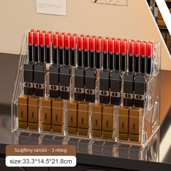PET kozmetikai tároló – függőleges kijelző, összecsukható, rúzs és ajakfény tároló, 3+ polccal