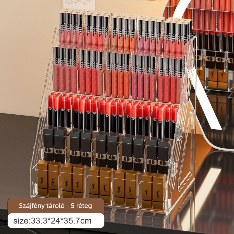 PET kozmetikai tároló – függőleges kijelző, összecsukható, rúzs és ajakfény tároló, 3+ polccal