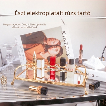 Rúzs tároló doboz tükrös tálcával, könnyű luxus európai stílus, vas és üveg, asztali használat, egyetlen szint, utazáshoz, hálószobához és fürdőhöz