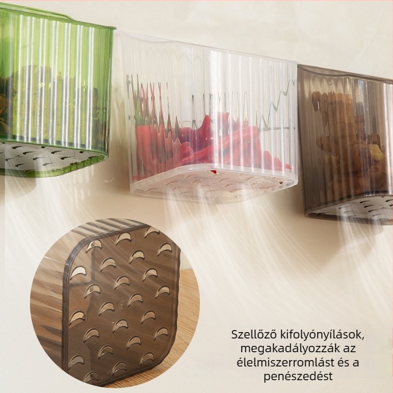 Falra szerelhető konyhai tároló hagyma, gyömbér és fokhagyma számára – műanyag tárolóedény, fúrás nélküli szerelés, modern minimalist dizájn, tömeg 50 g
