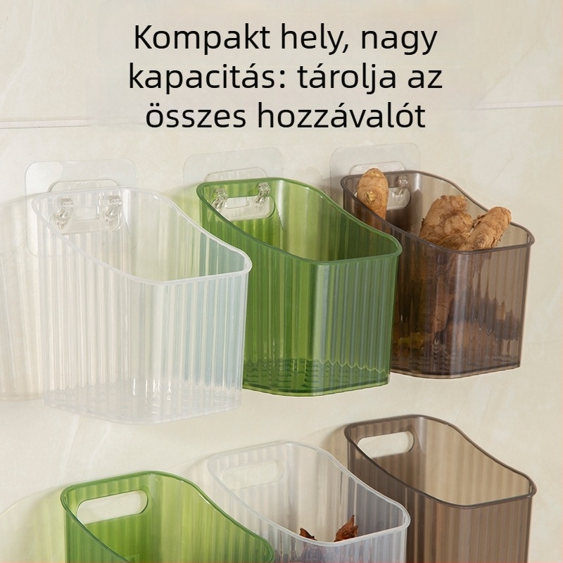 Falra szerelhető konyhai tároló hagyma, gyömbér és fokhagyma számára – műanyag tárolóedény, fúrás nélküli szerelés, modern minimalist dizájn, tömeg 50 g