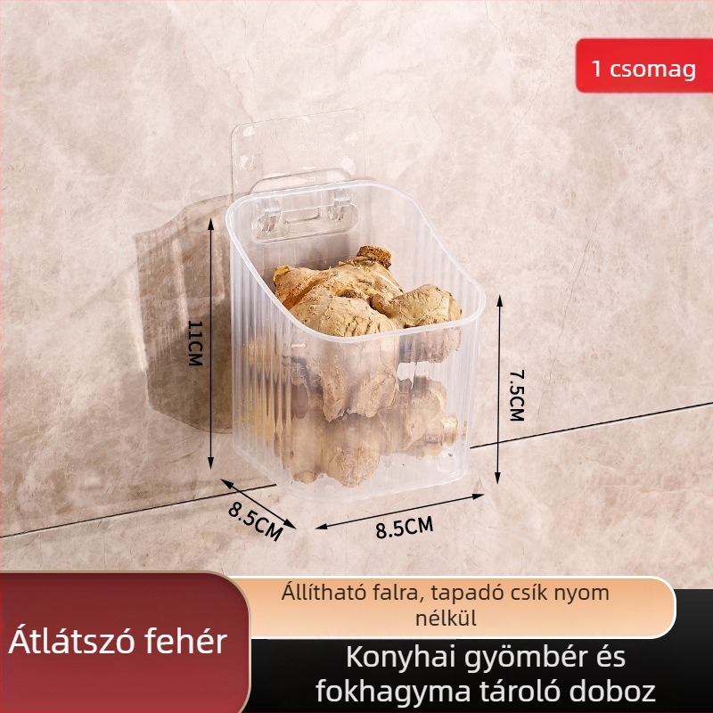 Falra szerelhető konyhai tároló hagyma, gyömbér és fokhagyma számára – műanyag tárolóedény, fúrás nélküli szerelés, modern minimalist dizájn, tömeg 50 g