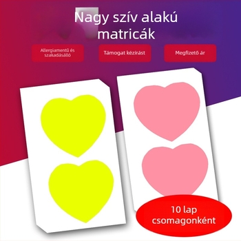 Szív alakú, önzáró névtábla ruhákhoz; anyag: bevont papír önzáró réteggel; hátoldal: Glassine papír; ragasztó típusa: forró olvadó ragasztó; szakítószilárdság: erős; hőállóság: 65°C-ig; vastagság: 0,08 mm.