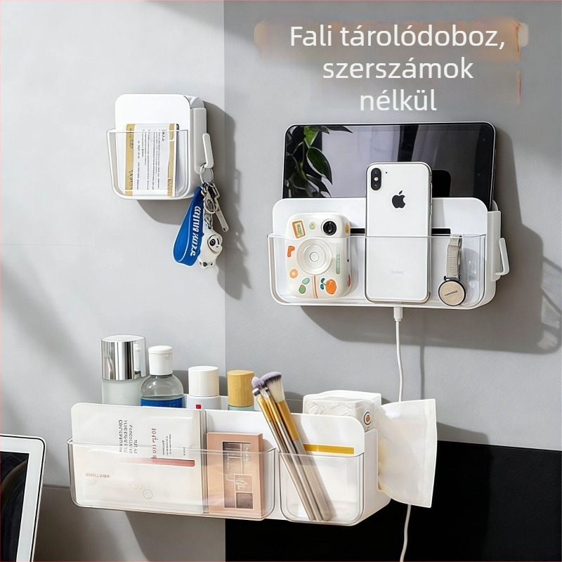 Japán stílusú falra szerelhető tároló, fúrás nélküli rögzítés, műanyag, 1 szint, kábelek és irodai kellékek számára