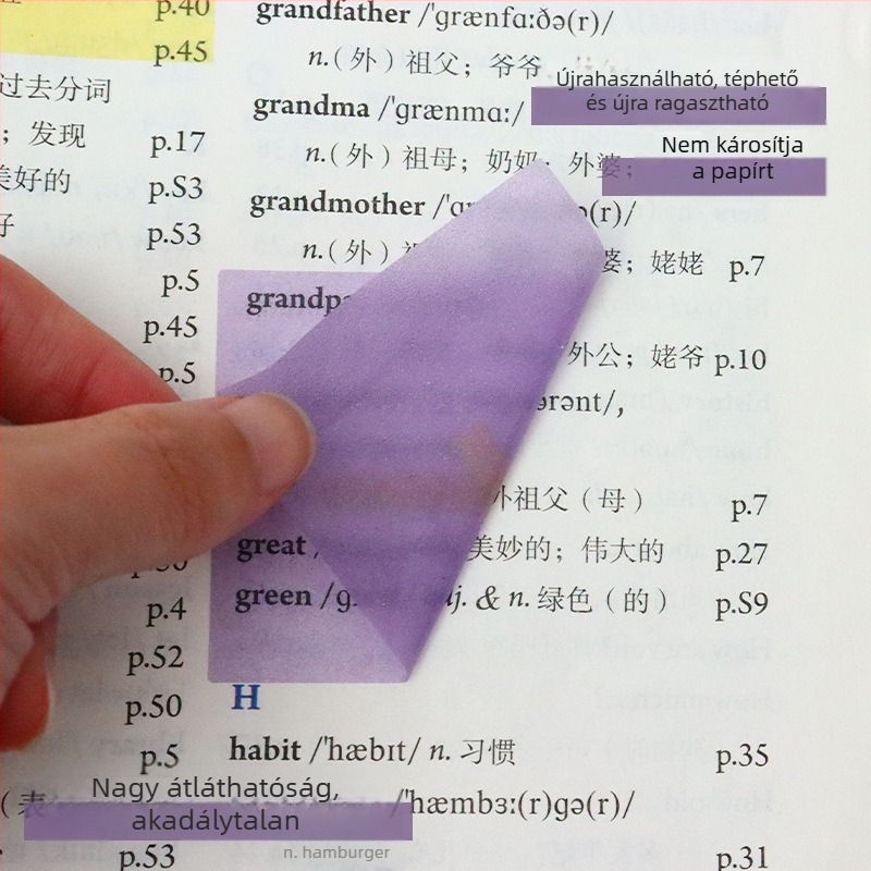 Színes öntapadós jegyzetek, áttetsző kivitelben, irodai és diák használatra, könnyen téphető