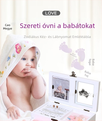 Fából készült babamemória doboz kéz- és láblenyomatokkal, tejfogakkal és hajjal, zodiákus motívummal