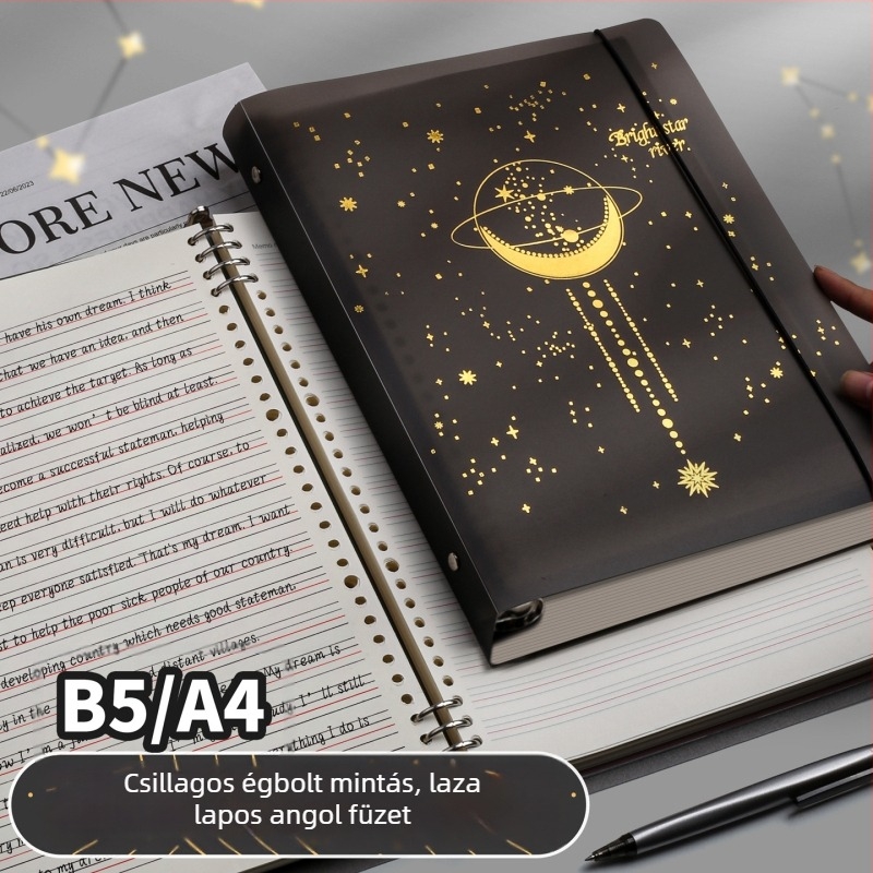 Kitéphető lapokkal ellátott angol nyelvű notesz, csillagos égbolt borítóval, B5/A4 méret, diákoknak, négy vonal, három négyzetrács
