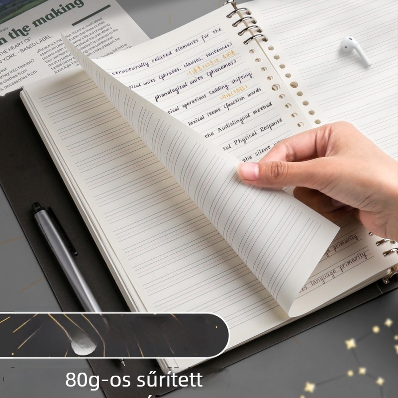 Kitéphető lapokkal ellátott angol nyelvű notesz, csillagos égbolt borítóval, B5/A4 méret, diákoknak, négy vonal, három négyzetrács