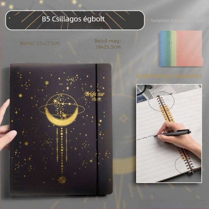 Kitéphető lapokkal ellátott angol nyelvű notesz, csillagos égbolt borítóval, B5/A4 méret, diákoknak, négy vonal, három négyzetrács