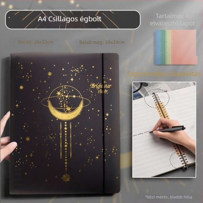 Kitéphető lapokkal ellátott angol nyelvű notesz, csillagos égbolt borítóval, B5/A4 méret, diákoknak, négy vonal, három négyzetrács