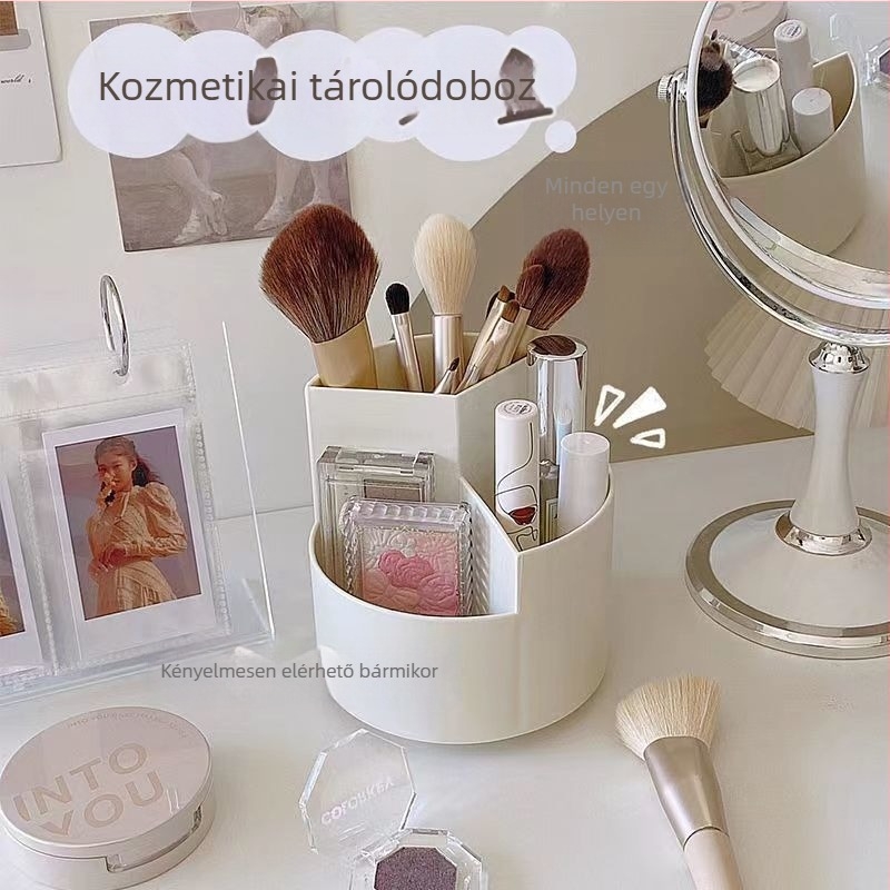 Asztali forgó kozmetikai ecsettartó nagy kapacitású és rúzs tárolóval
