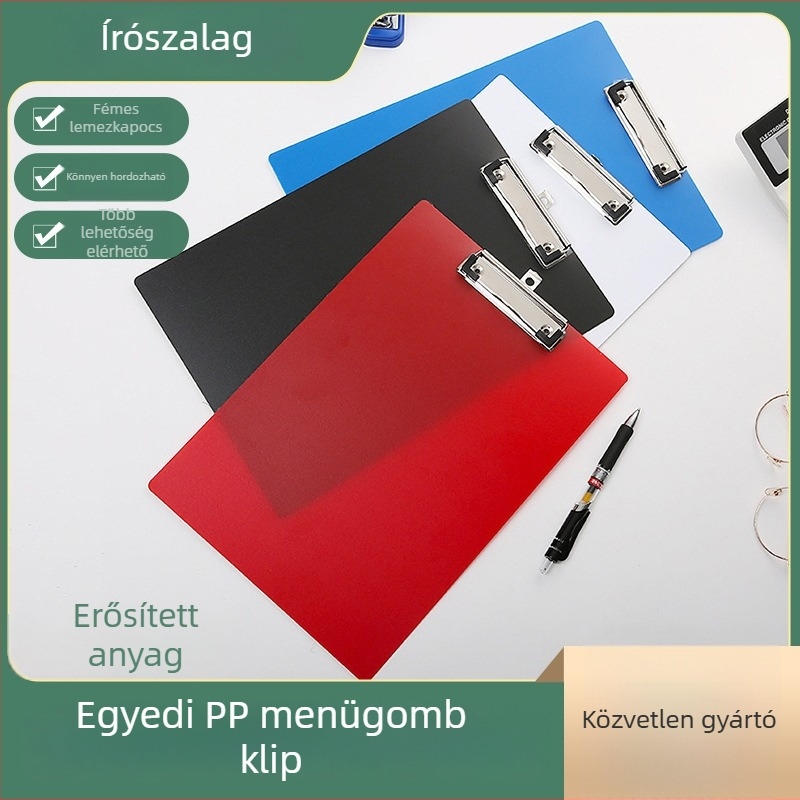 Műanyag klipboard sima csuklós záróval, sík csipesz 10 cm, lemezvastagság 1,6 mm, nyomtatott logó