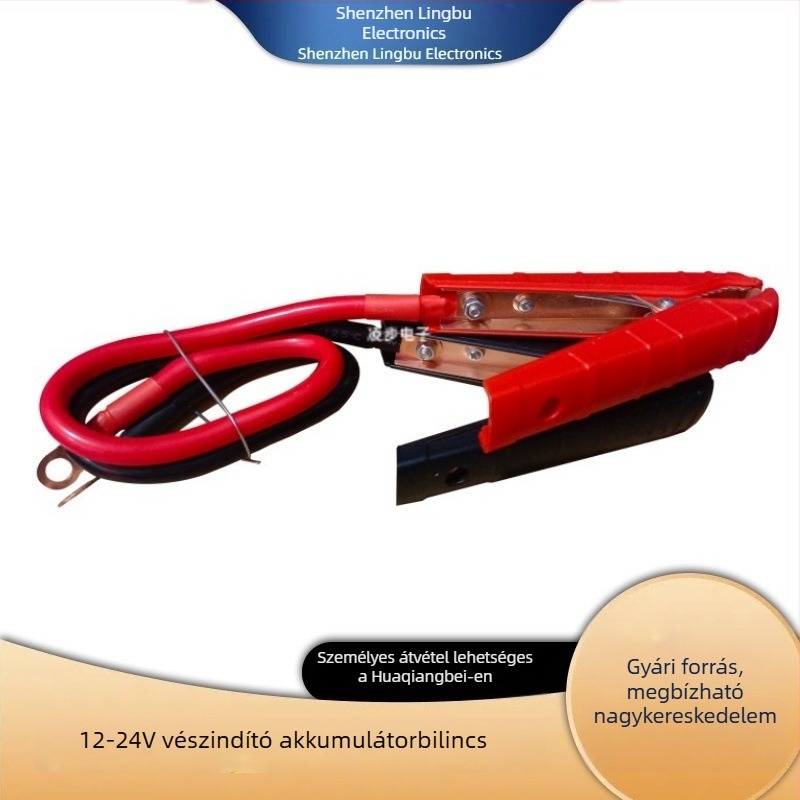 Autó mentőindító akkumulátor-kábel, 500 A, magas áramú, krokodilcsipeszek, 7 AWG rézvezeték, 12 mm² réz terminálok