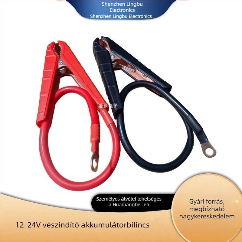 Autó mentőindító akkumulátor-kábel, 500 A, magas áramú, krokodilcsipeszek, 7 AWG rézvezeték, 12 mm² réz terminálok