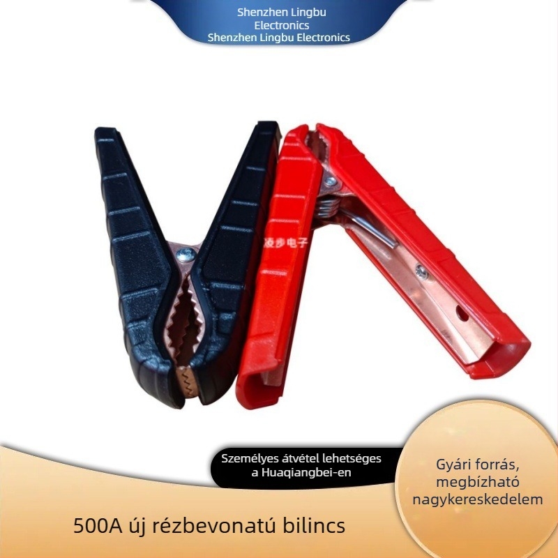 Autó mentőindító akkumulátor-kábel, 500 A, magas áramú, krokodilcsipeszek, 7 AWG rézvezeték, 12 mm² réz terminálok