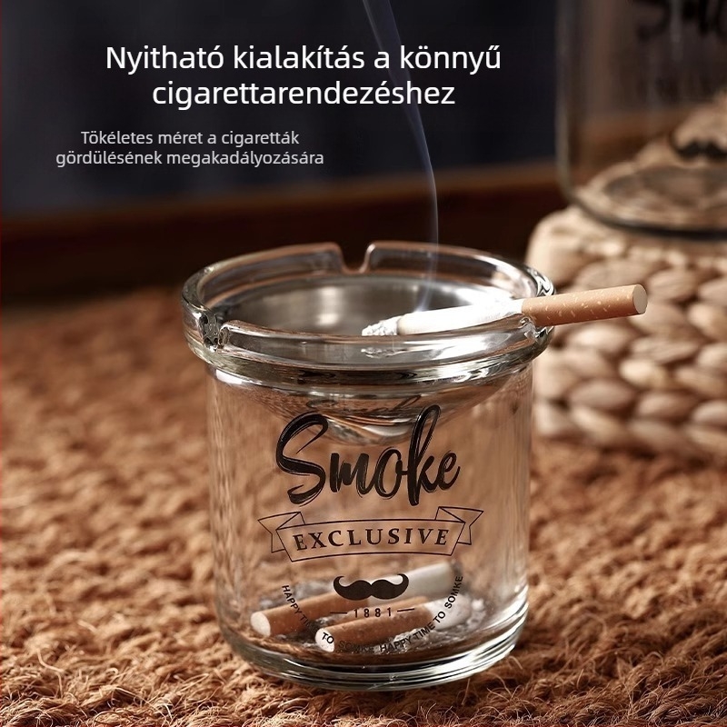 Üvegből készült hamutál, tölcsér alakú, megakadályozza a hamu szóródását és a füst szagát, beépített tárolórekesszel