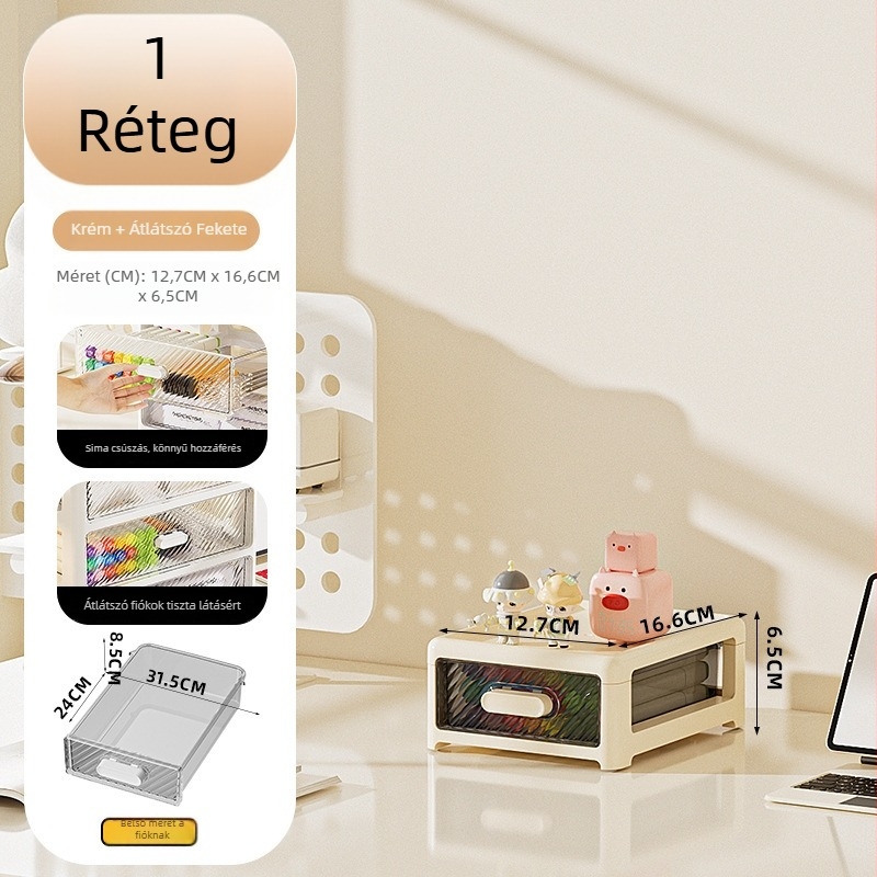 Átlátszó asztali tároló doboz többfiókos, egymásra rakható (PP műanyag, 35 rekesz)