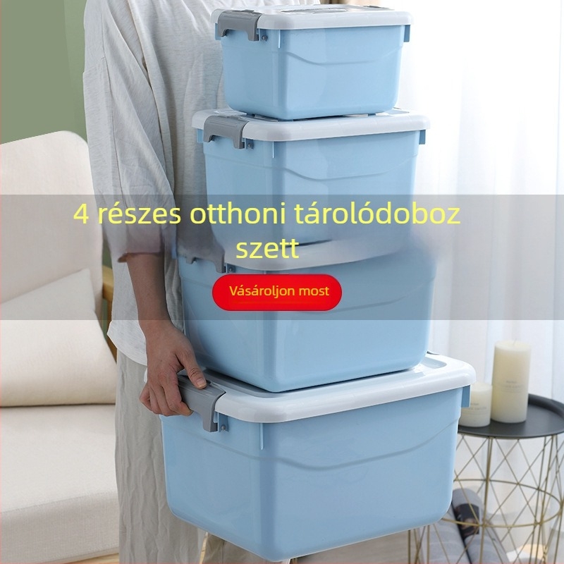 Műanyag tároló doboz felnyíló fedéllel, porálló, 10–20 L, ruhák, játékok, fehérnemű és zoknik számára hálószobában