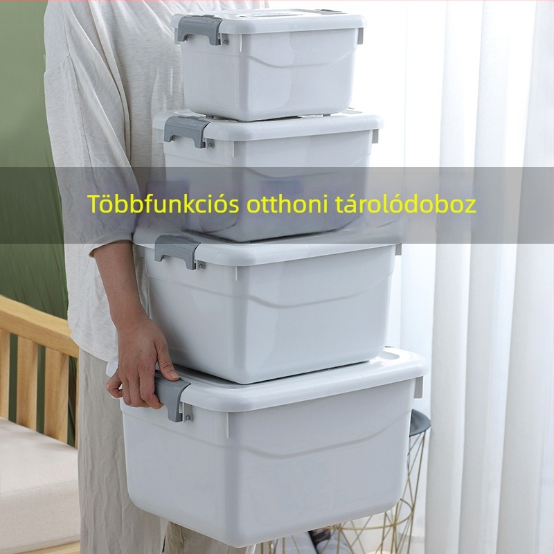 Műanyag tároló doboz felnyíló fedéllel, porálló, 10–20 L, ruhák, játékok, fehérnemű és zoknik számára hálószobában
