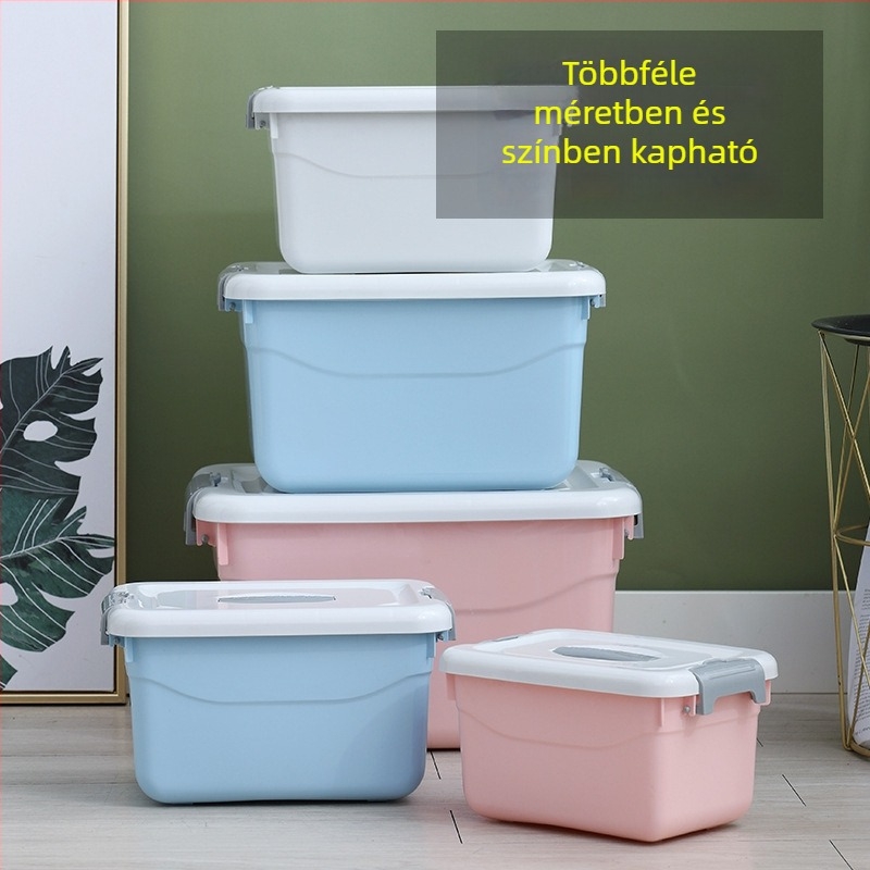 Műanyag tároló doboz felnyíló fedéllel, porálló, 10–20 L, ruhák, játékok, fehérnemű és zoknik számára hálószobában