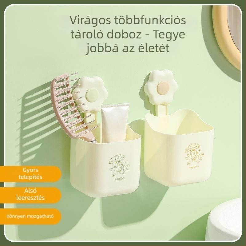 Virágos törölközőtartó tároló, falra szerelhető műanyag fürdőszobai rendező, 1-szintes, többfunkciós