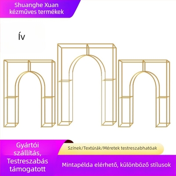 Esküvői vasból készült geometriás ív színpadi dekorációhoz virágtartóval és négyzetes háttérrel, testreszabható