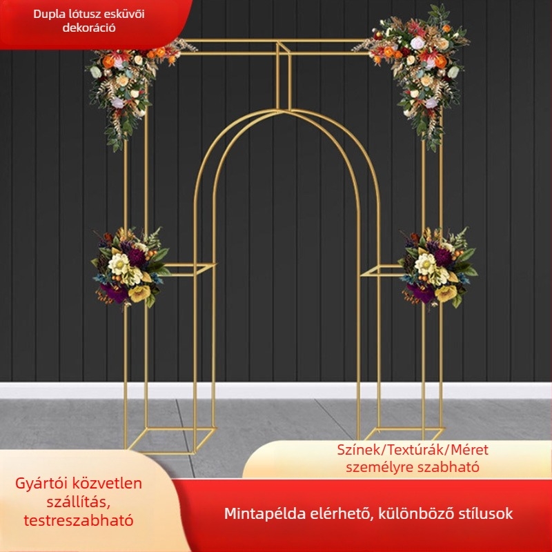 Esküvői vasból készült geometriás ív színpadi dekorációhoz virágtartóval és négyzetes háttérrel, testreszabható