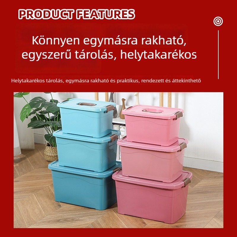 Nagy műanyag tároló doboz fedővel – ruhák, takarók és játékok tárolására, hordozható otthoni rendező