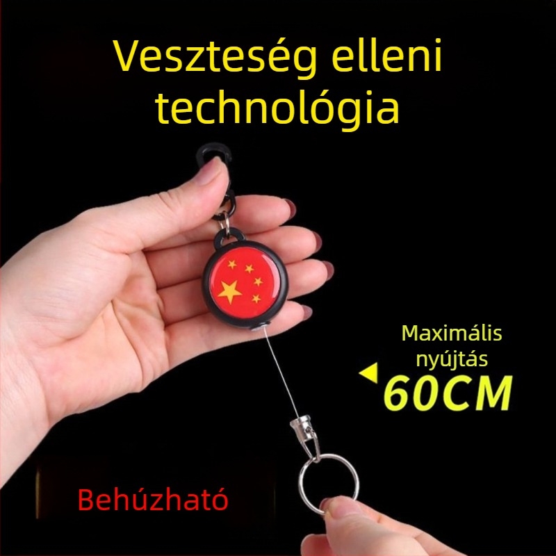 Kulcstartó az elvesztés elleni védelemmel és visszahúzható kábellel, műanyag test, rajzfilmszerű stílus