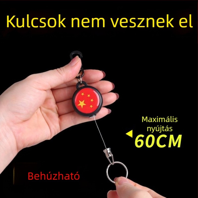 Kulcstartó az elvesztés elleni védelemmel és visszahúzható kábellel, műanyag test, rajzfilmszerű stílus
