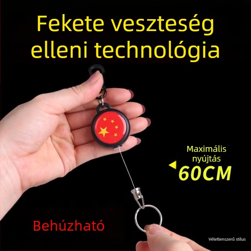 Kulcstartó az elvesztés elleni védelemmel és visszahúzható kábellel, műanyag test, rajzfilmszerű stílus