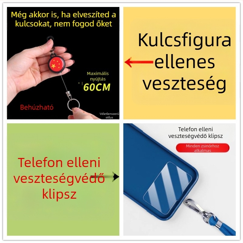 Kulcstartó az elvesztés elleni védelemmel és visszahúzható kábellel, műanyag test, rajzfilmszerű stílus