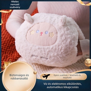 USB-üzemeltetésű vízzel feltöltött forróvíztasak a has és a lábak melegítésére, rajzfilmszerű velúr papucs szilikon talppal