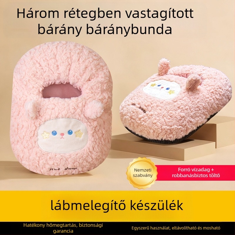 USB-üzemeltetésű vízzel feltöltött forróvíztasak a has és a lábak melegítésére, rajzfilmszerű velúr papucs szilikon talppal