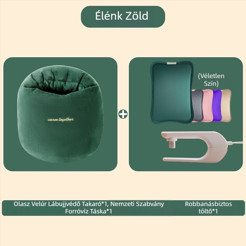 USB-üzemeltetésű vízzel feltöltött forróvíztasak a has és a lábak melegítésére, rajzfilmszerű velúr papucs szilikon talppal