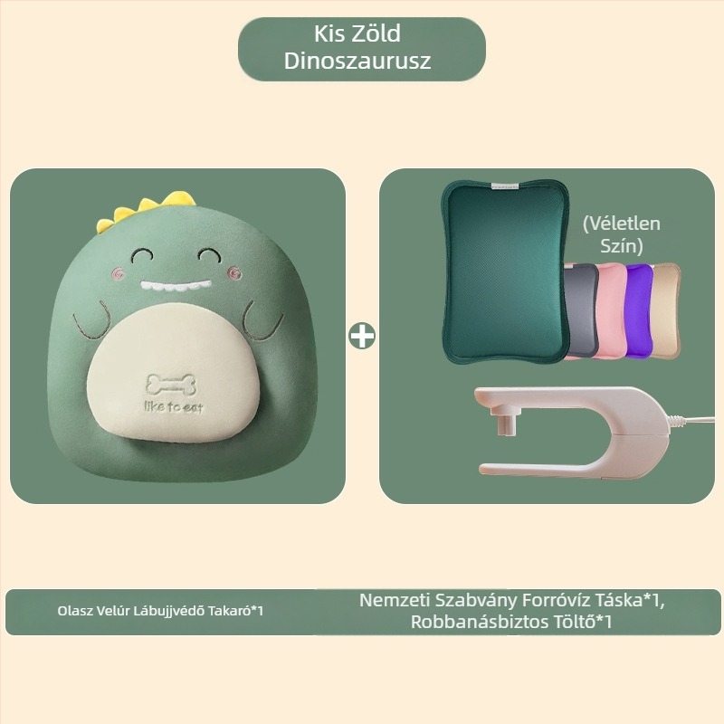 USB-üzemeltetésű vízzel feltöltött forróvíztasak a has és a lábak melegítésére, rajzfilmszerű velúr papucs szilikon talppal