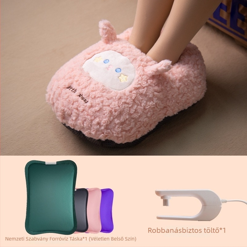 USB-üzemeltetésű vízzel feltöltött forróvíztasak a has és a lábak melegítésére, rajzfilmszerű velúr papucs szilikon talppal
