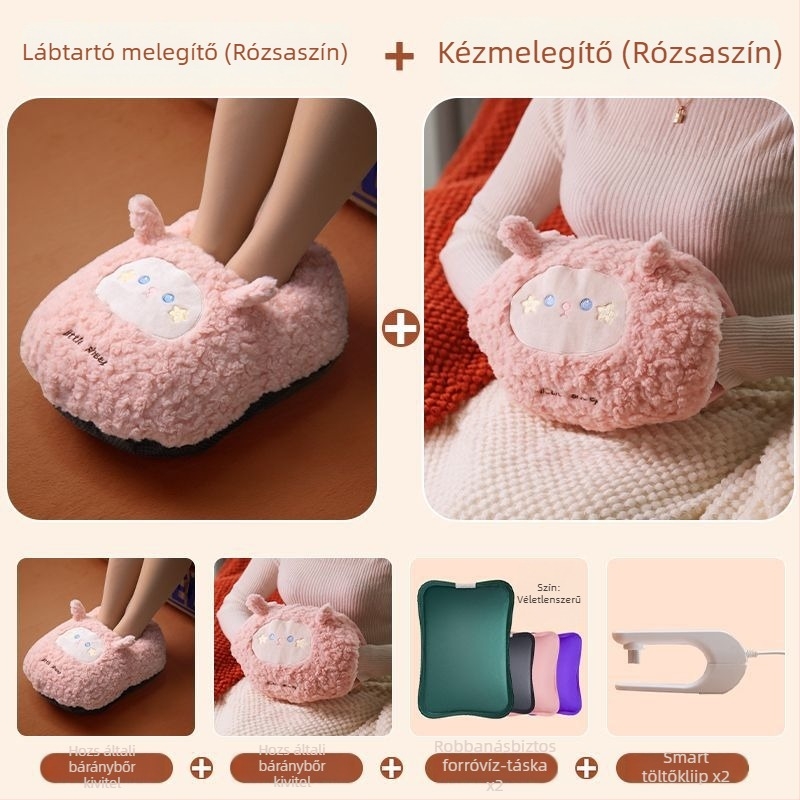 USB-üzemeltetésű vízzel feltöltött forróvíztasak a has és a lábak melegítésére, rajzfilmszerű velúr papucs szilikon talppal