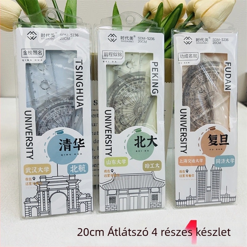 Négy részes műanyag vonalzó készlet: átlátszó vonalzó, szögmérő és háromszögvonalzó