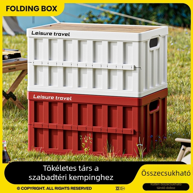 Összecsukható autócsomagtartó tároló doboz, fa fedővel, 20–30 liter kapacitás, műanyag test (PP), hordozható, többfunkciós