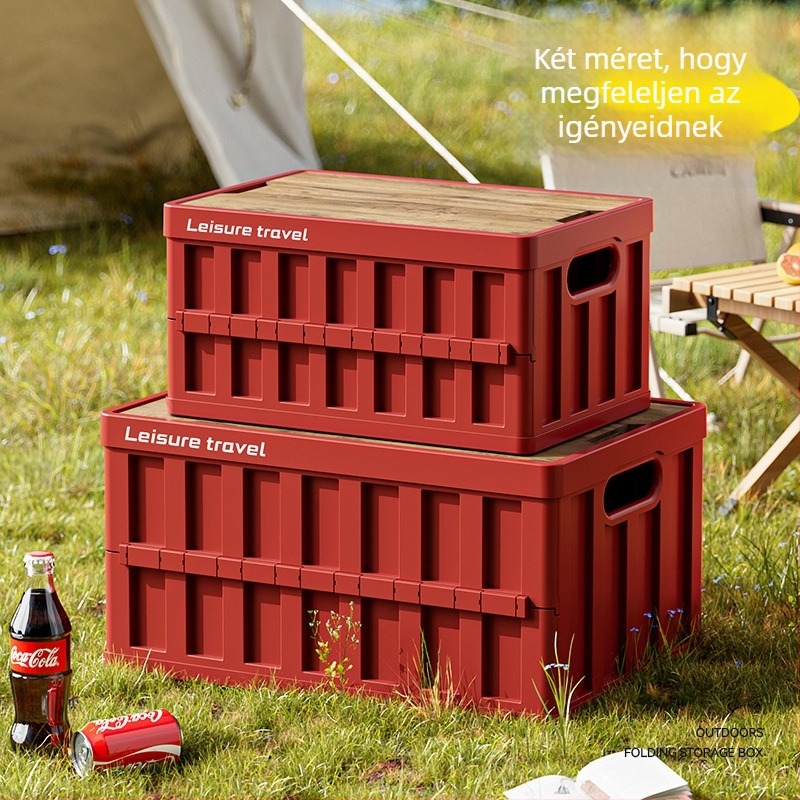 Összecsukható autócsomagtartó tároló doboz, fa fedővel, 20–30 liter kapacitás, műanyag test (PP), hordozható, többfunkciós