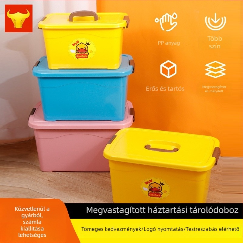 Műanyag tároló doboz háztartási használatra – többfunkciós rendező ruhákhoz, játékokhoz és egyéb holmikhoz, kézben vihető, ágy alatti tároló sárga kacsa mintával